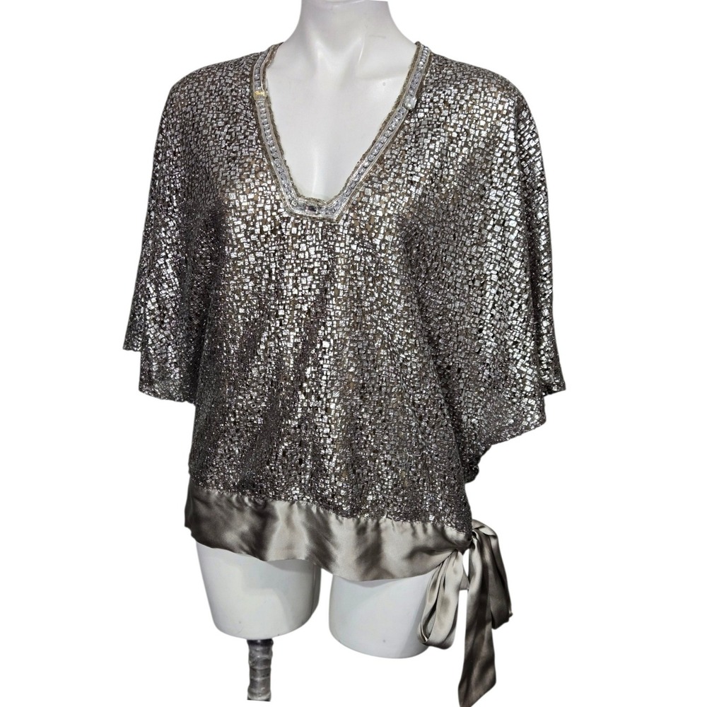Hale Bob Metallic Silver Champagne Silk Lined Beaded V-Neck Tie Hem Top Large